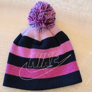 Nike Kids Black and Pink Striped Pom Beanie